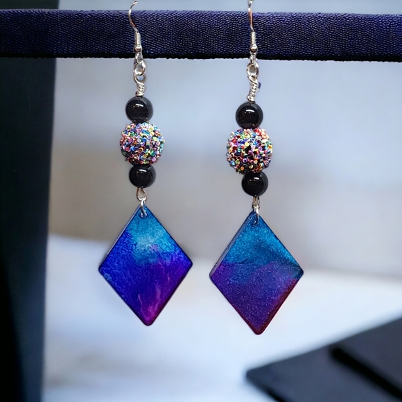 Hand Crafted Jewelry - Resin/Purple and Blue Diamonds Dangle/ Black Glass Beads/ Confetti Disco ball